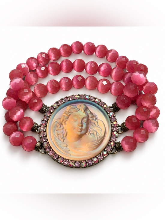 Kirks Folly Jewelry - Kirks Folly Pink Cameo Three Strand Beaded Bracelet Rhinestones Iridescent